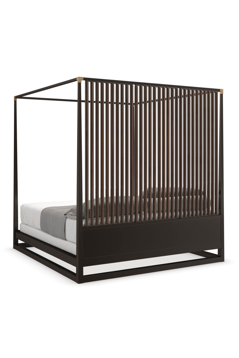 Brązowe drewniane łóżko z baldachimem | Caracole Pinstripe | Caracole.eu.com