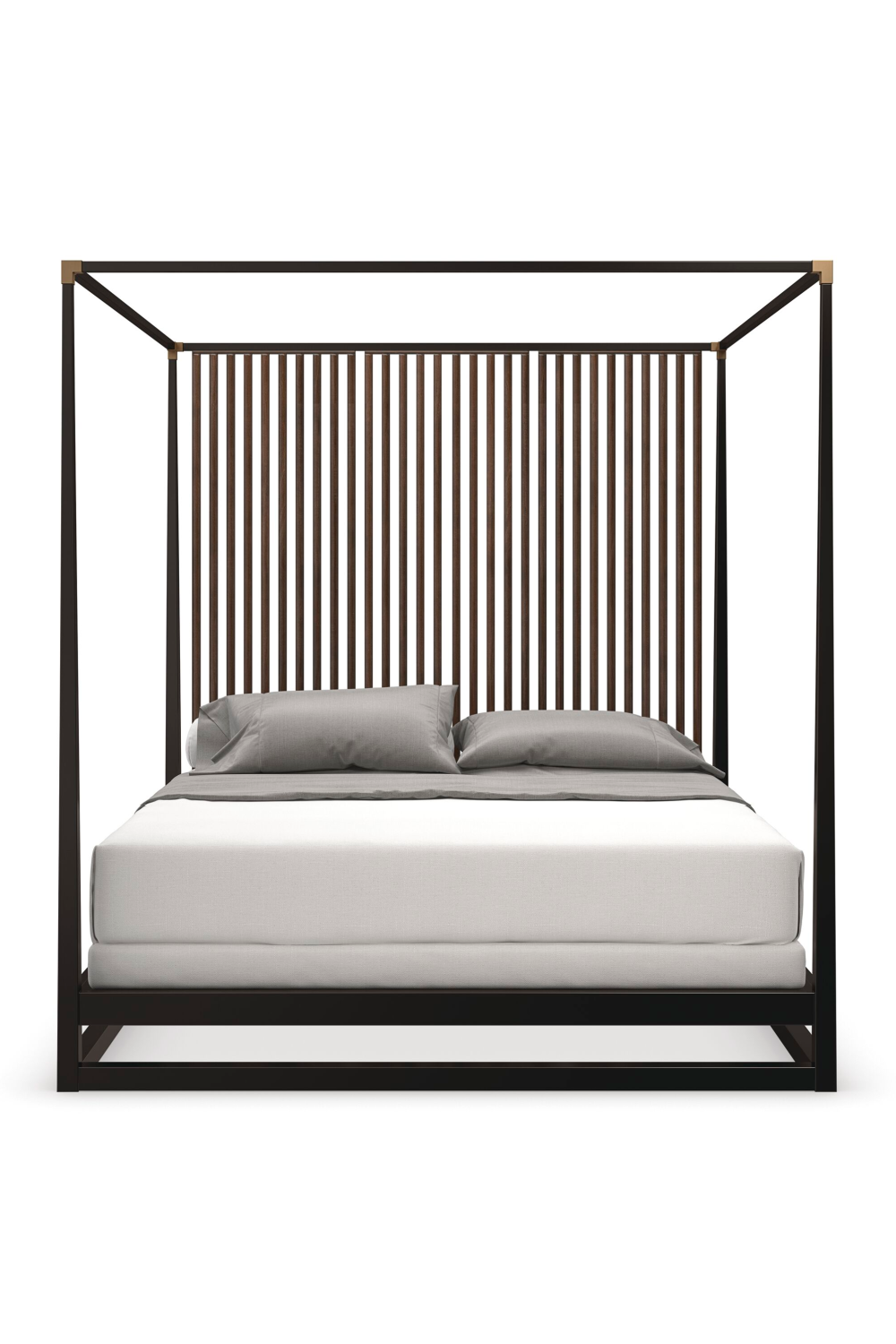 Brązowe drewniane łóżko z baldachimem | Caracole Pinstripe | Caracole.eu.com